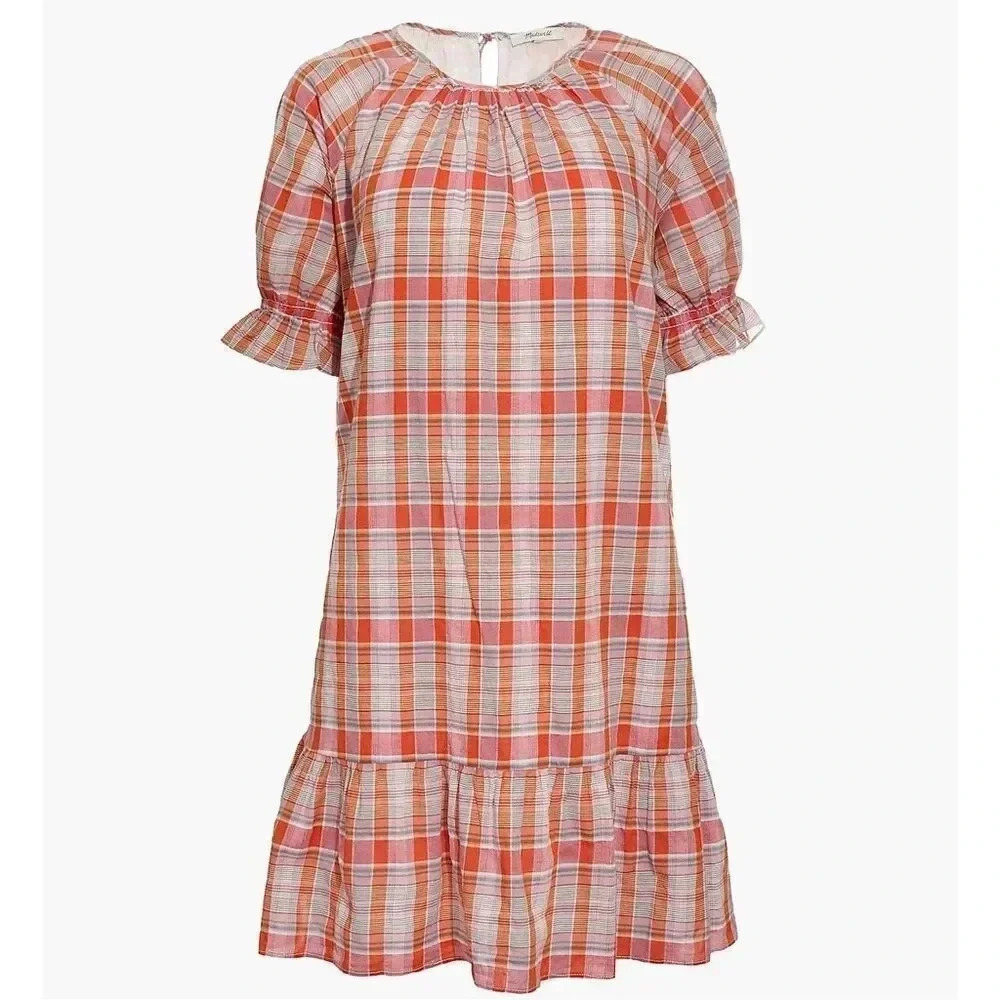 Madewell Plaid Cotton Ruffle Sleeve Popover Mini Dress Small A0279